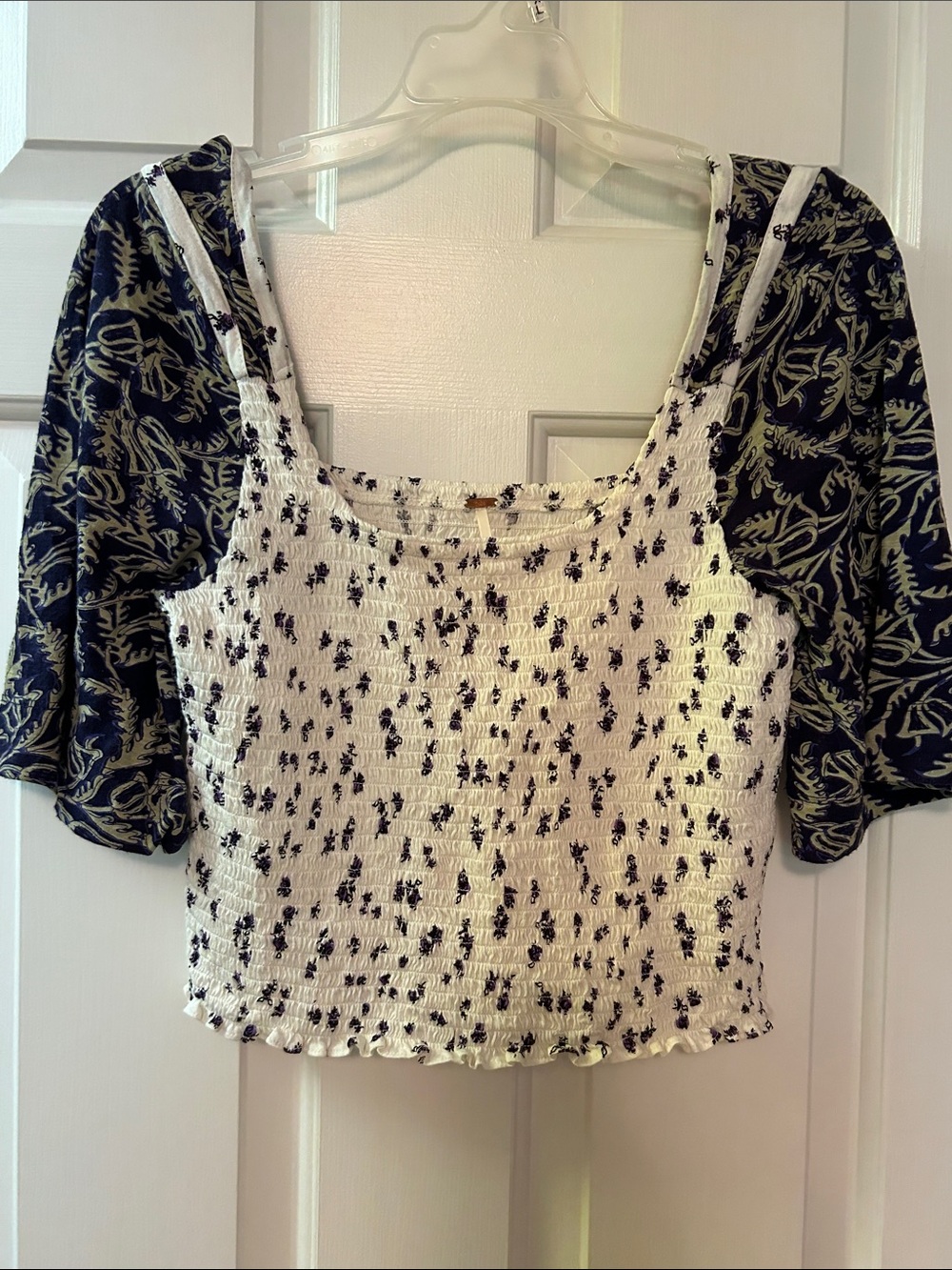 Free People Black & Cream Smocked Mixed-Print Crop Top
